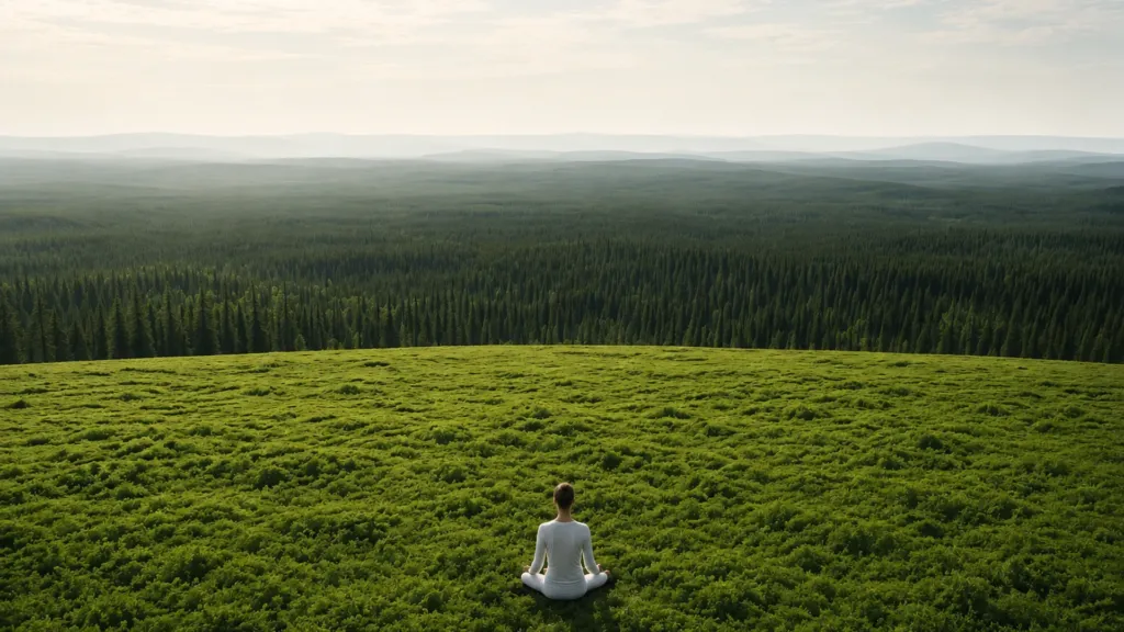 A person sitting in a lotus pose on green ground overlooking an endless pine forest under a pale sky