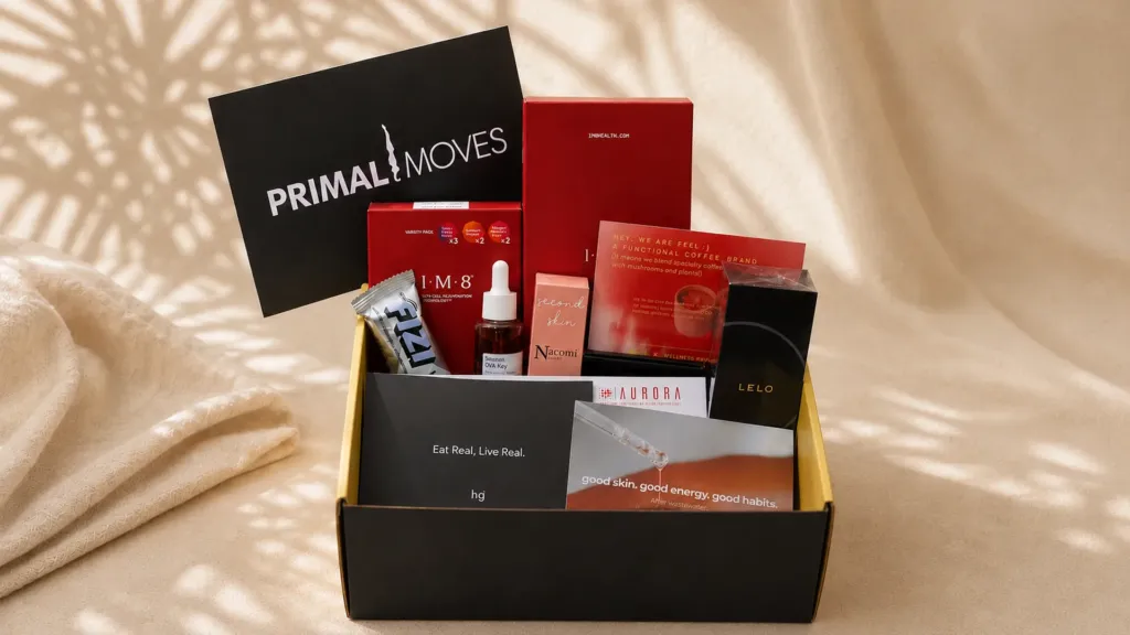 A Wellness Rave partner gift box filled with wellness brand products including IM8, Nacomi, Primal Moves, Feel functional coffee and Honest Greens